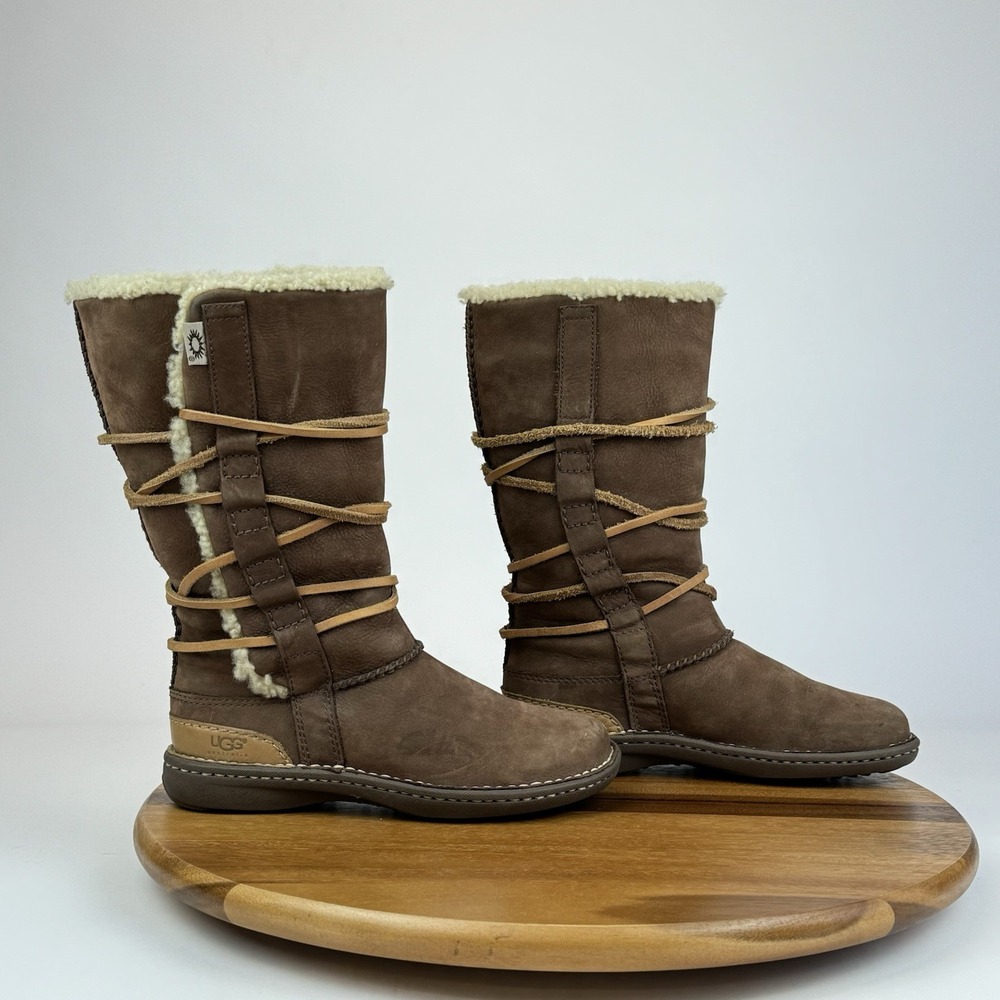 Womens Ugg Catalina Brown Sheepskin Suede Tall Strappy Shearling‎ Boots Size 6 M